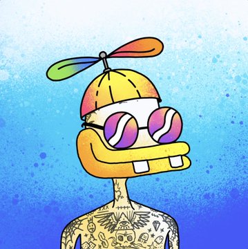 An illustration of a yellow cartoon duck character with a propeller hat, purple sunglasses, and buck teeth, featuring tattoo designs on its chest against a blue background.