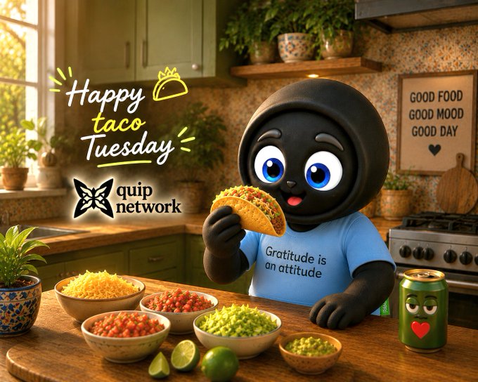 A promotional image for 'Happy Taco Tuesday' by Quip Network, featuring a 3D animated black character wearing a hoodie and 'Gratitude is an attitude' t-shirt, eating a taco in a kitchen setting with taco ingredients displayed.