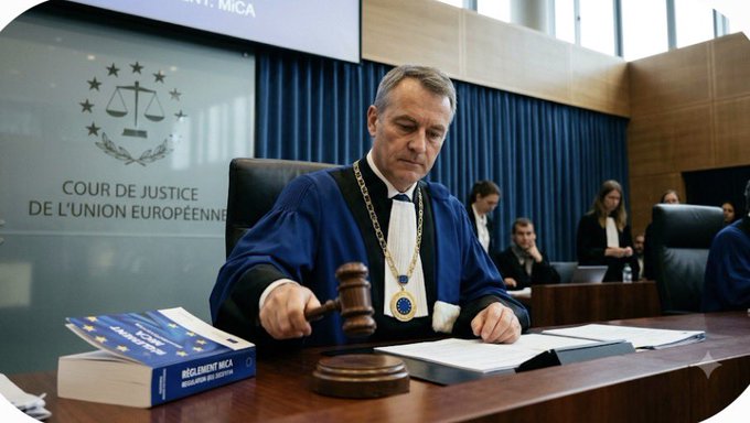 A judge in ceremonial robes strikes a gavel at the Court of Justice of the European Union, with a 'RÈGLEMENT MICA' book visible on the desk.