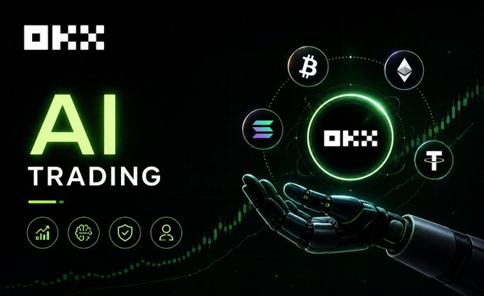 A dark promotional graphic for OKX AI Trading features a robotic hand reaching toward a glowing OKX logo surrounded by cryptocurrency symbols (Bitcoin, Ethereum, Solana, Tether) with green chart lines.