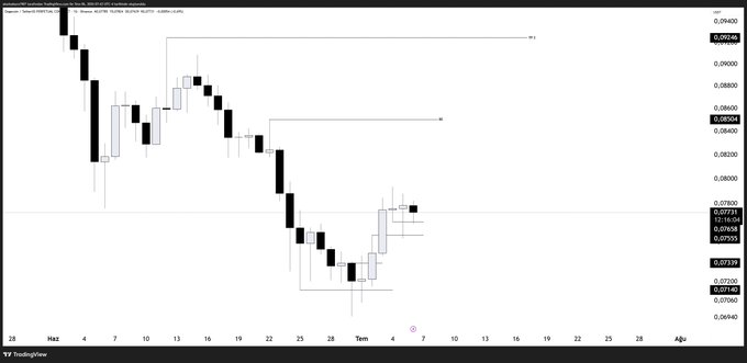 A TradingView candlestick chart of Dogecoin (DOGE/USD) showing a recent downtrend with marked horizontal resistance levels around $0.08500 (R1) and $0.08800 (R2), alongside a highlighted target zone near $0.07329–$0.07340, illustrating the poster's planned 1:2 risk-to-reward long setup aiming for gains from the local bottom.
