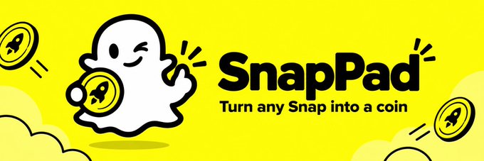 A bright yellow banner for 'SnapPad' featuring a cartoon ghost holding a rocket coin, with the tagline 'Turn any Snap into a coin' and additional rocket coins floating around.