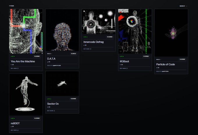 An NFT marketplace displays a collection titled '7 ITEMS' by 'Eachpixel' featuring digital artwork including 'You Are the Machine,' 'D.ATA,' 'Innercode Defrag,' 'R6Bot,' 'Particle of Code,' 'reBOOT,' and 'Sector 0x,' all priced at 0.02SOL.