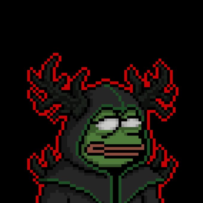 A pixel art illustration of a green frog character wearing a dark hooded cloak with glowing red, antler-like flames against a black background.