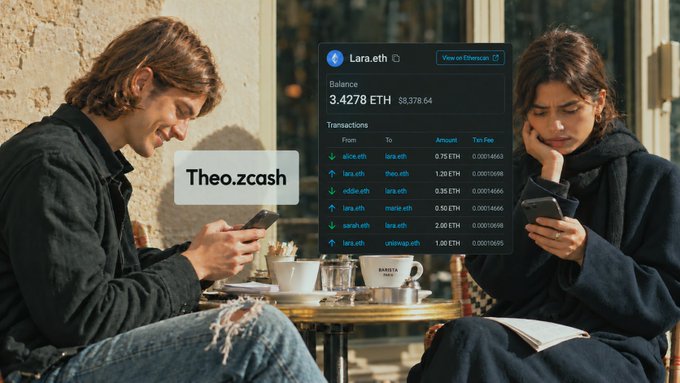 A man and woman sit at an outdoor cafe looking at their phones, with overlaid text showing a Zcash wallet address "Lara.eth" holding a 3.4278 ETH balance ($8,378.64) with recent transactions, and "Theo.zcash" prominently displayed.