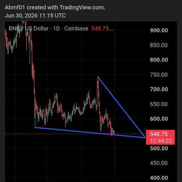 TradingView daily chart of BNB/US Dollar on Coinbase showing a descending triangle pattern with price at 548.75, dated Jun 30, 2026.