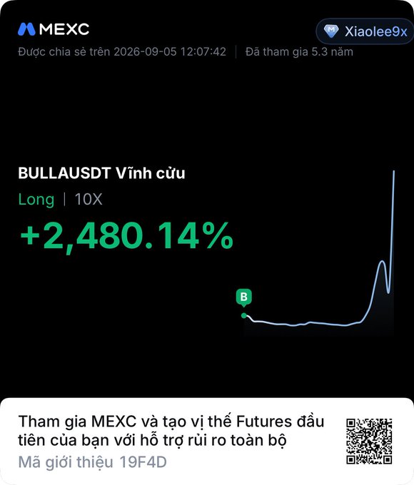 A MEXC crypto exchange screenshot showing a perpetual futures position on 'BULLAUSDT' with a Long 10X leverage showing a +2,480.14% gain, with Vietnamese text and referral code '19F4D'.
