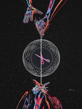 A surreal digital artwork on a black background depicting mirrored, distorted hands and faces in red and blue tones, framing a wireframe sphere containing a pink shape and clock hands.
