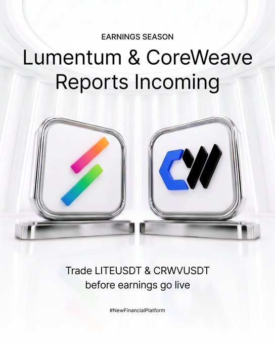 A promotional graphic for Bybit's earnings season highlights upcoming reports from Lumentum (LITEUSDT) and CoreWeave (CRWVUSDT), featuring their colorful logos on metallic pedestals. The image reinforces the accompanying post's message to trade the momentum live on Bybit before these two earnings drops occur.