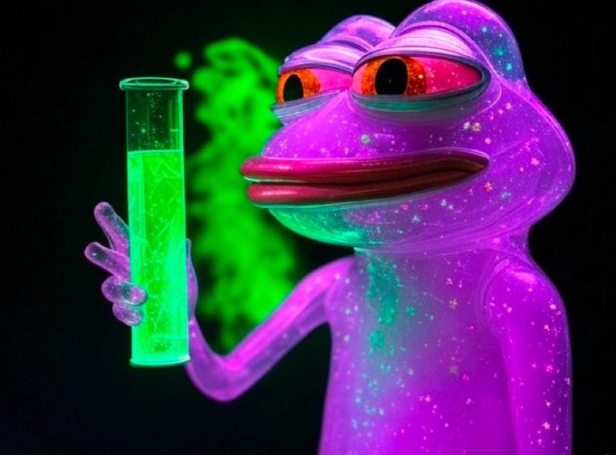 A 3D rendering of a sparkly purple frog with large, half-closed eyes holds a test tube filled with glowing green bubbling liquid.