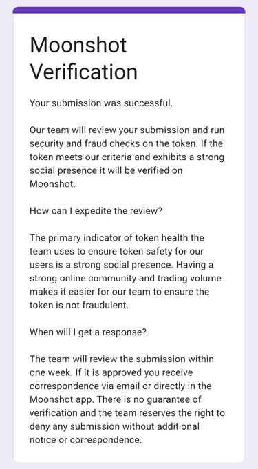 Screenshot of a 'Moonshot Verification' confirmation page stating the submission was successful and explaining the review process, which takes within one week.