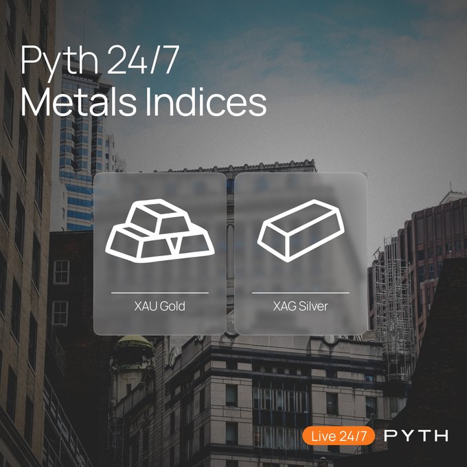 In the image, there's a billboard featuring two stacks of different types of metal bars - gold (XAU Gold) and silver (XAG Silver) - positioned against the backdrop of a city skyline with tall buildings. Below these bars, there are some text boxes providing information about metals indices related to these assets, such as XAU Gold and XAG Silver. The image is described as a post on the website "Live 24/7 PythMetalsIndices".