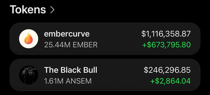 The image shows a portfolio titled "Tokens" displaying two holdings: "embercurve" with 25.44M EMBER valued at $1,116,358.87 (up +$673,795.80) and "The Black Bull" with 1.61M ANSEM valued at $246,296.85 (up +$2,864.04). This impressive gain on the $EMBER position visually supports the post's claim about successfully calling the token early, as it appears to have multiplied significantly in value.