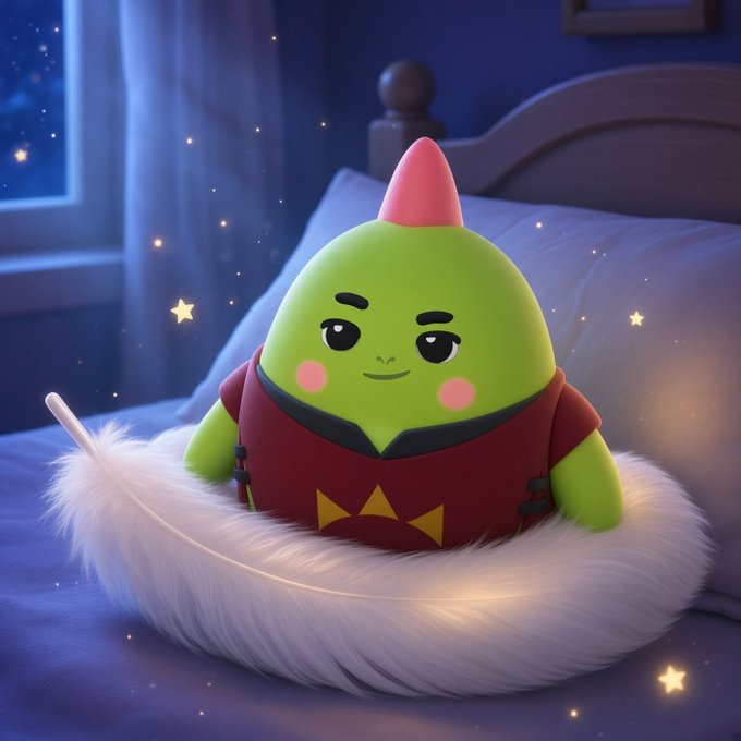 A 3D-rendered green creature character with a red mohawk and maroon shirt, sitting in a fluffy white bed with a starry night sky visible through the window.