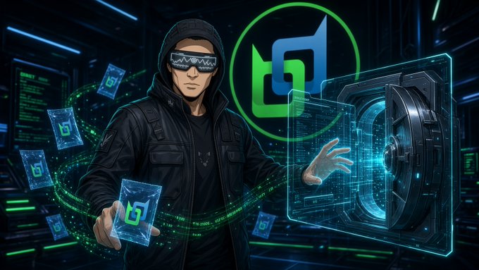 A digital illustration depicts a hooded figure wearing futuristic visor glasses interacting with a glowing green and blue circular logo and holographic data interfaces in a cyber-themed setting.