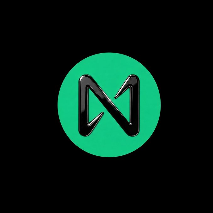 A black logo featuring an angular, geometric 'N' design is centered inside a green circle on a black background.