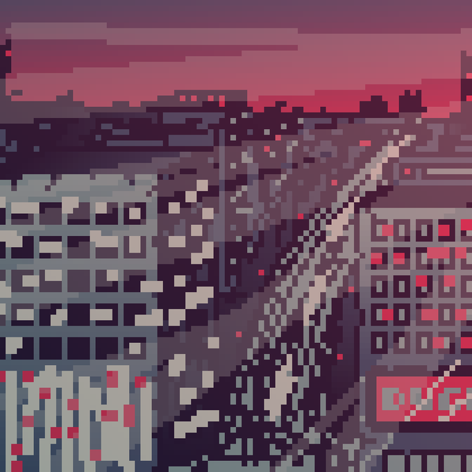 A pixel art illustration of a city skyline at sunset, with a vibrant pink and purple sky above gray buildings and a bright diagonal streak of light reflecting across the scene.