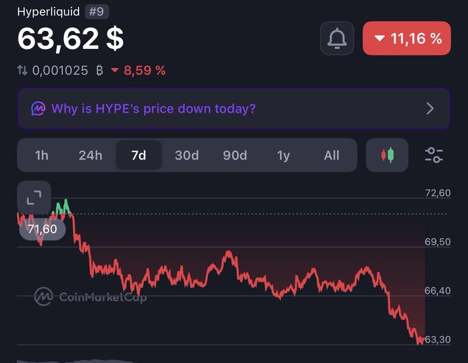 The image shows a CoinMarketCap price chart for Hyperliquid (HYPE) at $63.62, down 11.16% in 24h and 8.59% over 7 days, with the price falling from $71.60 to $63.30. This perfectly illustrates the post's "on sale" message, visually confirming HYPE's significant dip and framing the price decline as a buying opportunity.