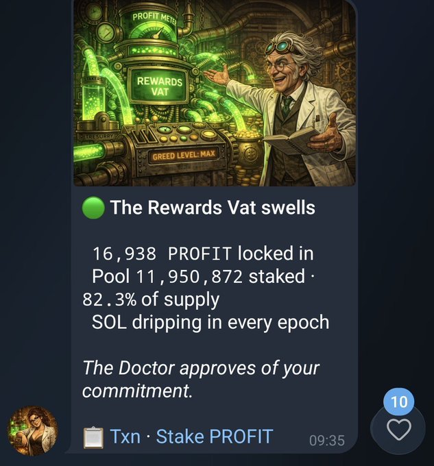 A digital post from the 'PROFIT' project showing an illustration of a mad scientist and a machine labeled 'REWARDS VAT' and 'GREED LEVEL: MAX.' The text reads 'The Rewards Vat swells,' '16,938 PROFIT locked in,' 'Pool 11,950,872 staked,' '82.3% of supply,' and 'SOL dripping in every epoch,' with links to 'Txn' and 'Stake PROFIT.'