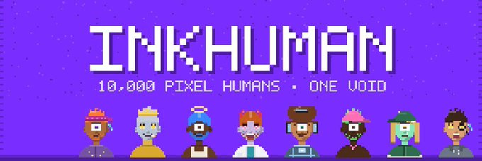 A pixel art banner with purple background displaying "INKHUMAN - 10,000 PIXEL HUMANS - ONE VOID" above a row of diverse pixel character portraits.