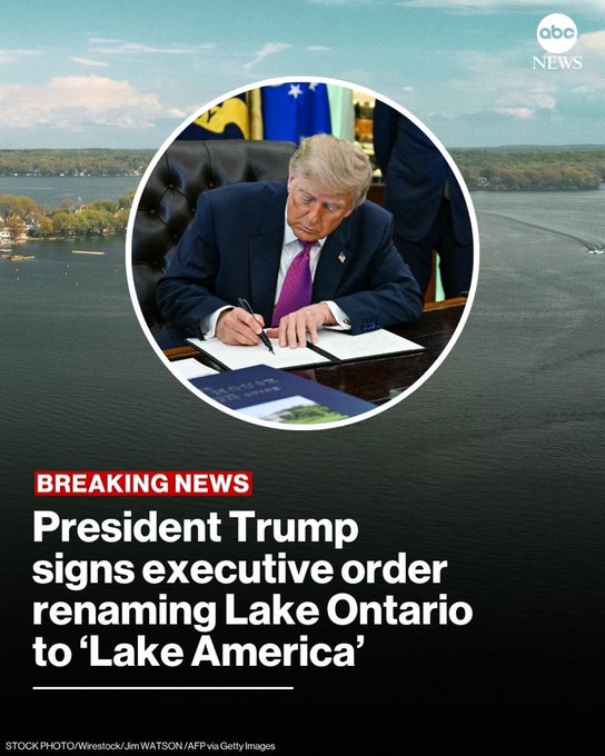 A circular inset shows President Trump signing a document at the Resolute Desk, overlaid on an aerial view of a lake, with the ABC News headline: "BREAKING NEWS: President Trump signs executive order renaming Lake Ontario to 'Lake America'." The image satirizes the exaggerated claims of a memecoin founder by presenting the absurd "Lake America" rename as real breaking news, lending visual authority to the joke's punchline about grand ambitions.