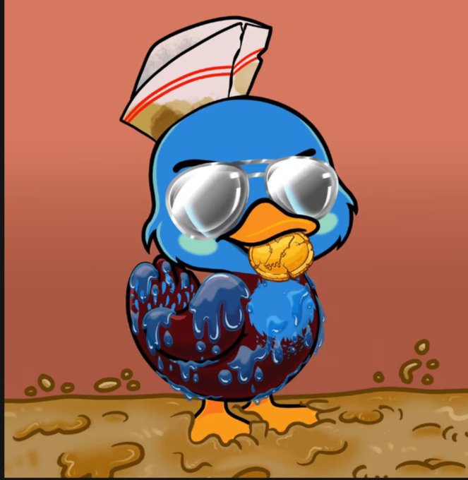 A cartoon illustration depicts a sad blue duck with tearful reflective sunglasses, a chef's hat, and a cracked beak, sitting in a pool of dark liquid with an orange beak.