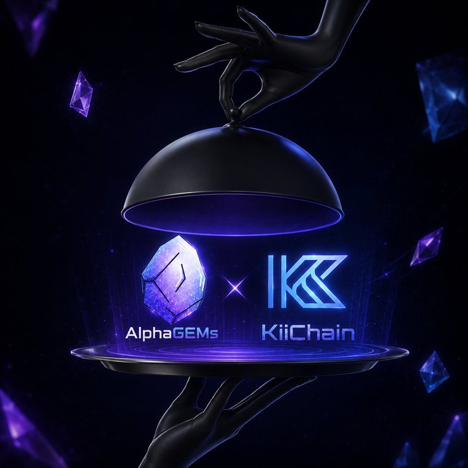 A digital graphic features hands holding a cloche over a glowing purple gem, with the logos "AlphaGEMS" and "KiiChain" displayed prominently against a dark, space-like background with floating crystals.