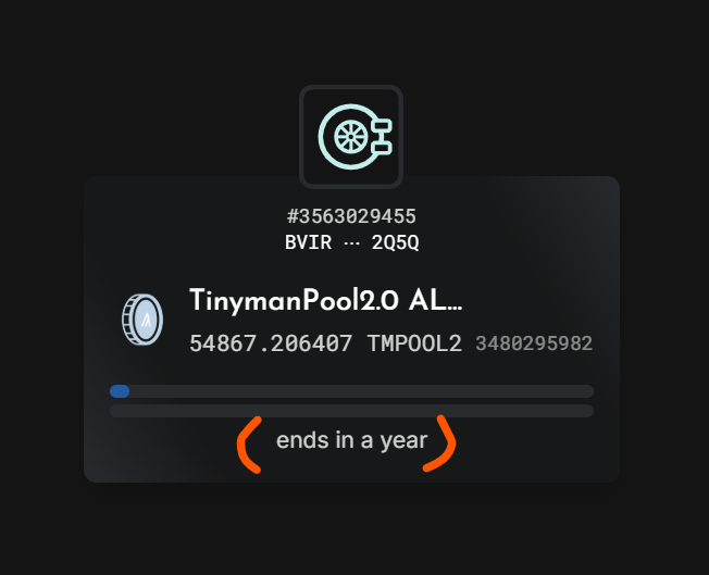 The image shows a computer screen with an open window displaying information about a tinyman pool. The text on the screen indicates that the tinyman pool has ended its operation, as indicated by the "ends in a year" message. This implies that the tinyman pool is no longer active and may have been closed due to various reasons such as market conditions or changes in user preferences.