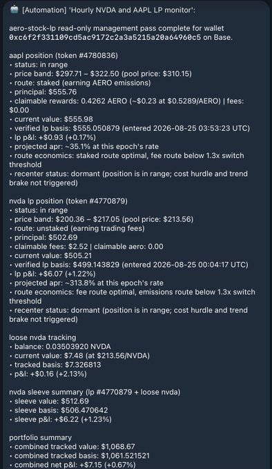 A Discord message showing an '[Automation] Hourly NVDA and AAPL LP monitor' report, detailing cryptocurrency liquidity positions for AERO, NVDA LP, and portfolio summary with prices and p&l figures.