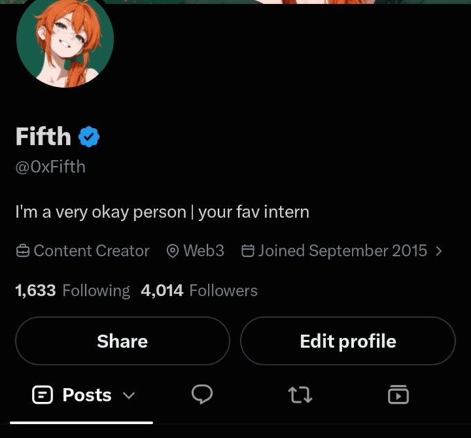 A Twitter/X profile for 'Fifth' (@0xFifth), describing themselves as 'I'm a very okay person | your fav intern', a Content Creator in Web3 with 4,014 followers, joined September 2015.