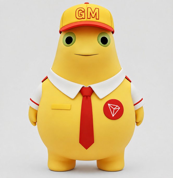 A cheerful yellow mascot wearing a "GM" cap, white collared shirt, red tie, and a TRON logo badge poses happily, serving as the friendly brand ambassador for the GM Wallet promotion alongside Milky Dragon's message about slashed TRON chain swap fees.