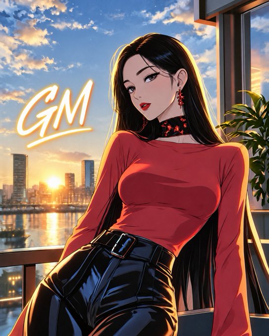 An anime-style illustration of a woman in a red top and black pants with "GM" text, set against a city skyline at sunset