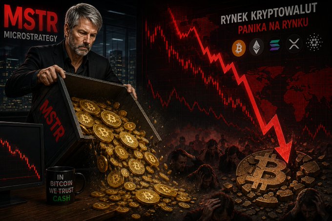 Dramatic graphic depicting a man in a suit dumping a chest of Bitcoin coins, with the text "MSTR MICROSTRATEGY," "RYNEK KRYPTOWALUT PANIKA NA RYNKU," and a red downward trend chart with Bitcoin, Ethereum, Solana, and XRP logos.