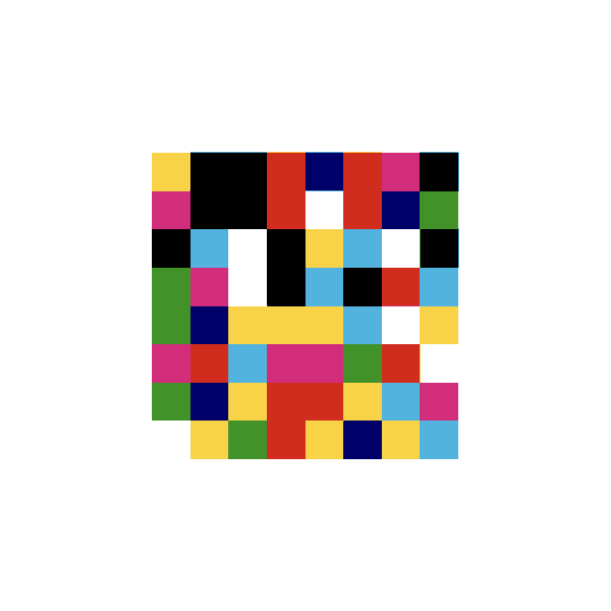 A pixelated abstract artwork on a white background featuring a grid of colorful squares in yellow, red, blue, green, pink, black, and white.