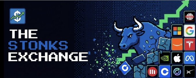 A banner for 'THE STONKS EXCHANGE' features a pixel-art bull, a rising green arrow, and logos of major tech and finance companies including Microsoft, Google, Amazon, Apple, and Tesla.