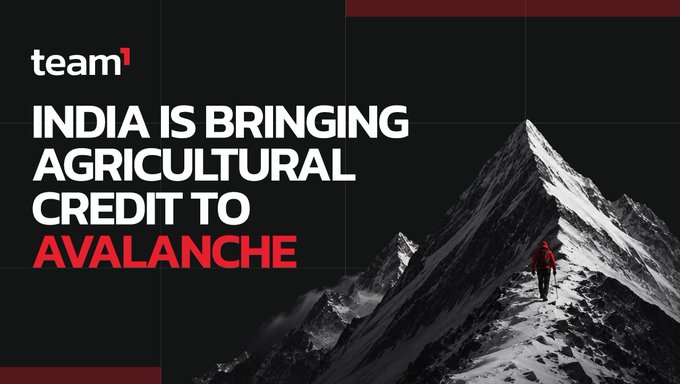 A graphic from 'team1' with the text 'INDIA IS BRINGING AGRICULTURAL CREDIT TO AVALANCHE' alongside an image of a person in red climbing a snowy mountain peak.