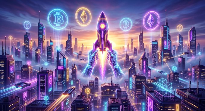 A futuristic cyberpunk cityscape features a glowing rocket ship launching upward, surrounded by floating cryptocurrency symbols including Bitcoin (₿) and Ethereum (Ξ), symbolizing the unstoppable rise of Web3 and blockchain innovation. Neon-lit skyscrapers and interconnected networks stretch across the skyline, perfectly capturing the post's theme of builders "rising and grinding" in the 24/7 metaverse.