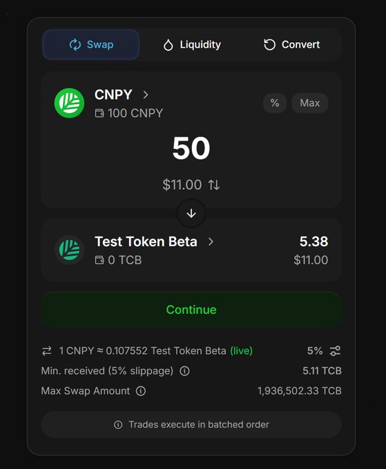 A cryptocurrency swap interface showing an exchange of 50 CNPY ($11.00) to Test Token Beta (TCB), with a 5% slippage rate and minimum received of 5.11 TCB.