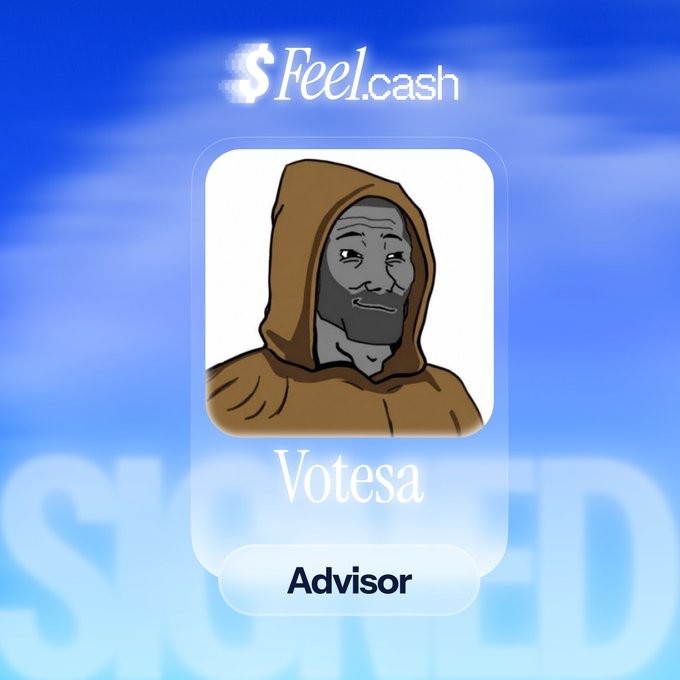 An illustrated card featuring a 'doomer' character in a brown hoodie with the text '$feel.cash' at the top, 'Votesa' as the name, and 'Advisor' as the role.