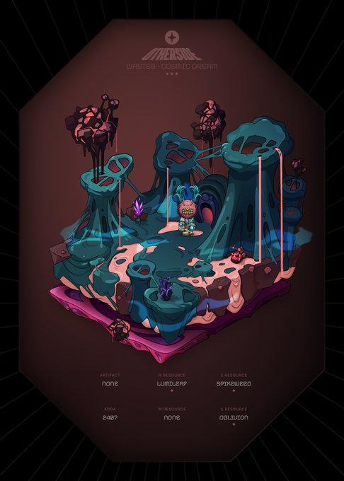 A poster-style NFT artwork from the "Wasted Cosmic Dream" collection depicting a surreal teal landscape with mushroom-like structures and crystals, featuring the text "KODA 2407" and labeled "W RESOURCE: WUMBLEF" and "S RESOURCE: SPINNEREED" and "S RESOURCE: OBLIVION." The image represents Koda #2407, a generative NFT creature deed from the Outer Ring Terraformers project.