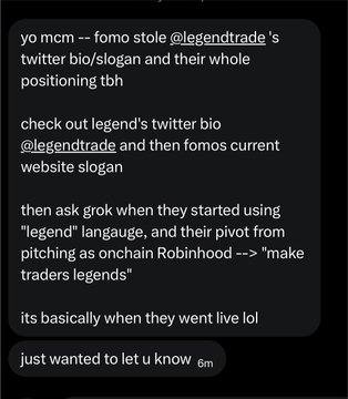 A screenshot of a tweet accusing 'yo mcm' of stealing @legendtrade's Twitter bio/slogan and their branding pivot to 'make traders legends'.