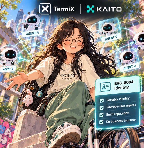 An anime-style illustration for 'TermiX' and 'KAITO' showing a smiling girl with glasses surrounded by floating robots labeled 'AGENT A' through 'AGENT D', alongside an 'ERC-8004 Identity' checklist.