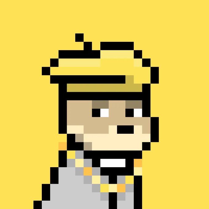 A pixel art illustration on a yellow background depicting a character wearing a chef's hat and holding a tray.