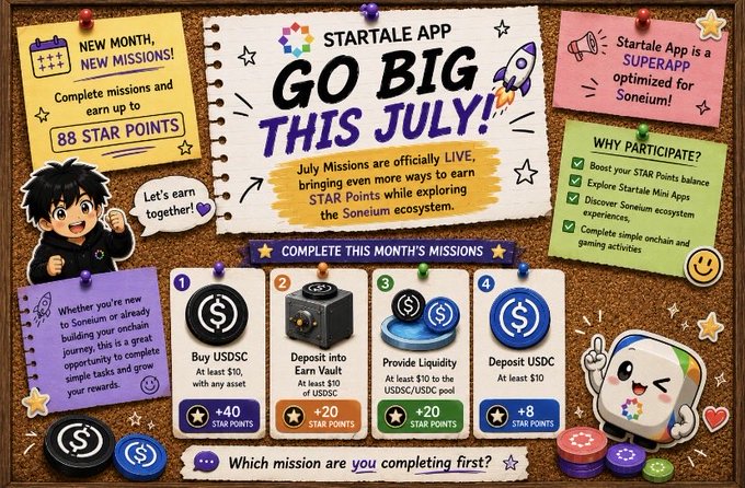 A promotional corkboard graphic for the 'STARTALE APP - GO BIG THIS JULY!' campaign, listing missions like buying USDC, depositing into Earn Vault, providing liquidity, and earning Star Points.