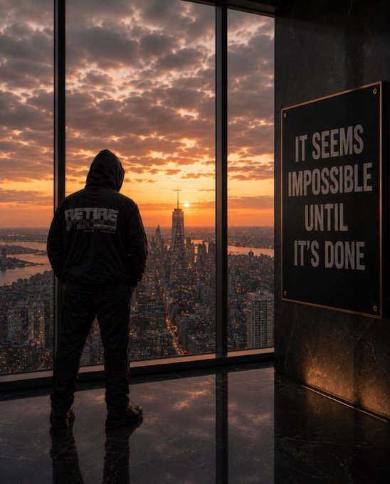 A silhouetted figure in a hoodie stands at a window overlooking a city skyline at sunset, facing a framed sign that reads "IT SEEMS IMPOSSIBLE UNTIL IT'S DONE."