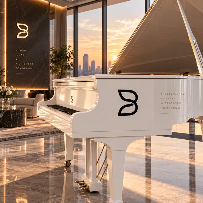 A white grand piano in a luxurious modern room overlooking a sunset skyline features a 'B' logo and the text 'HUMAN IDEAS AI A BRIGHTER TOMORROW' and 'INTELLIGENCE CREATES A BRIGHTER TOMORROW'.