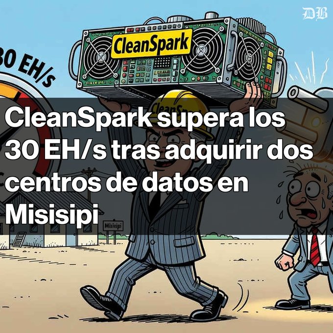 A cartoon image showing a man carrying a large CleanSpark mining rig on his shoulders with text reading 'CleanSpark supera los 30 EH/s tras adquirir dos centros de datos en Misisipi'.