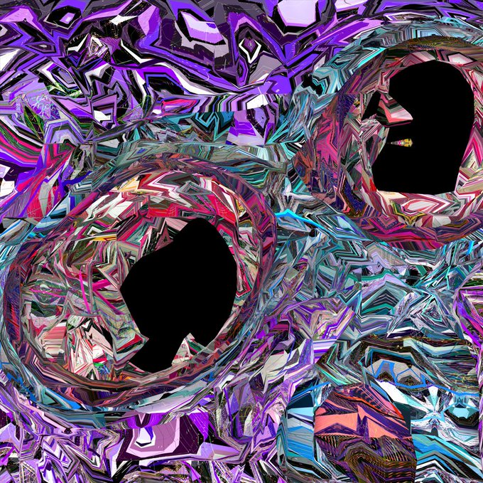 An abstract digital artwork featuring swirling, iridescent patterns in purple, pink, and blue with two prominent black amorphous shapes.
