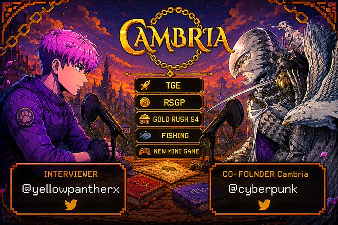 A Cambria cryptocurrency game promotional graphic featuring anime-style characters, with menu options including TGE, RSGP, GOLD RUSH S4, FISHING, and NEW MINI GAME, featuring interviewer @yellowpantherx and co-founder @cyberpunk.