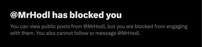 A screenshot showing the message '@MrHodl has blocked you' with text stating 'You can view public posts from @MrHodl, but you are blocked from engaging with them. You also cannot follow or message @MrHodl.'